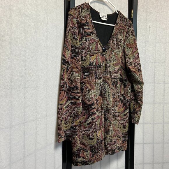 U.S. Wear Long Sleeve Paisley Metallic Side Slit Tunic Cardigan Black Tan Green - Picture 3 of 13